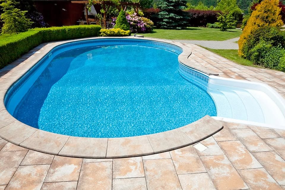 Blue backyard pool with curved pale stone coping