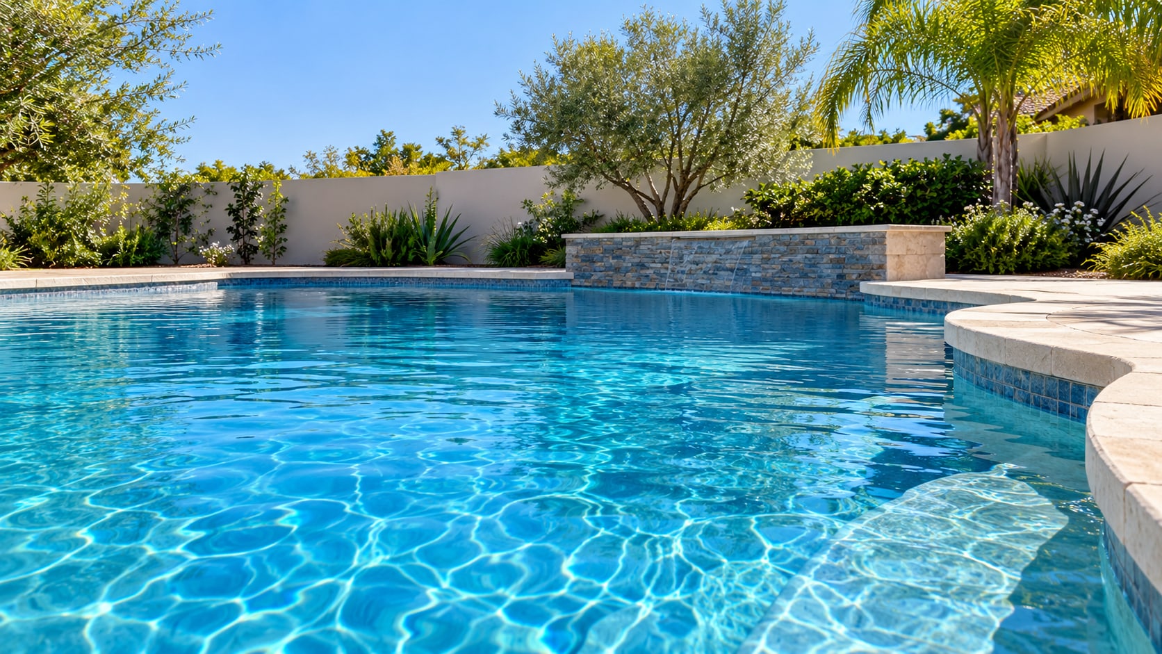 Sunlit blue swimming pool with pale stone edging